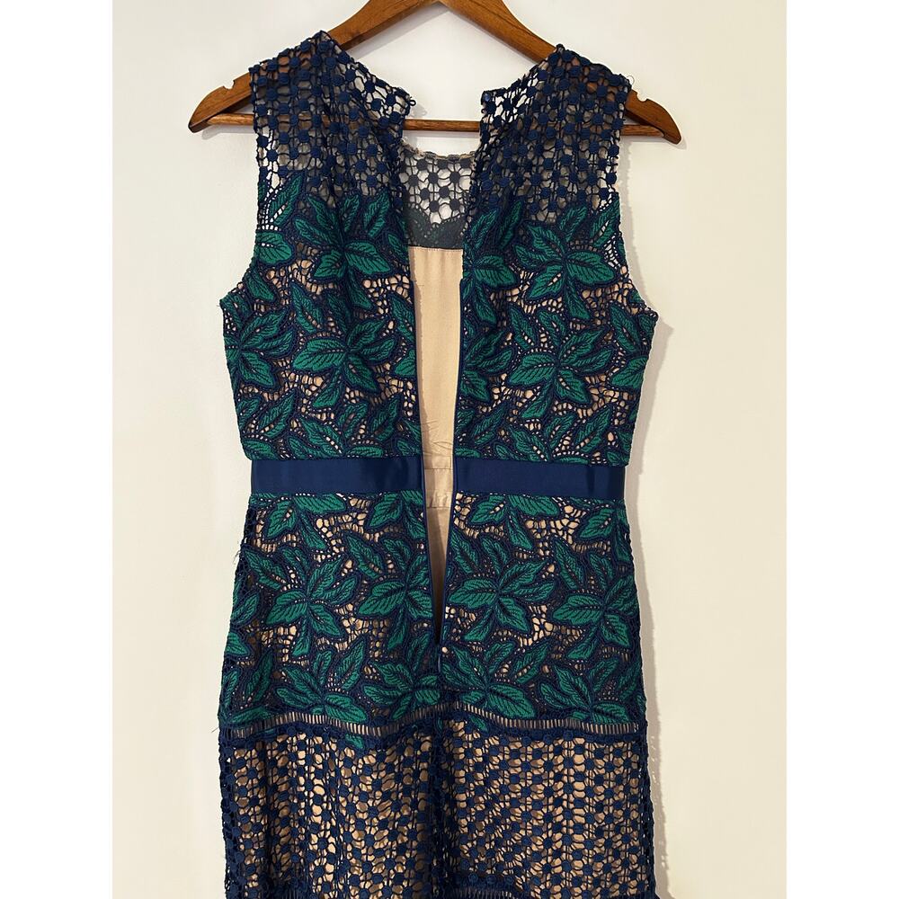 Badgley Mischka Belle by Deanndra Emerald Green Navy Blue Dress Lace A-line US 6 - Picture 9 of 10